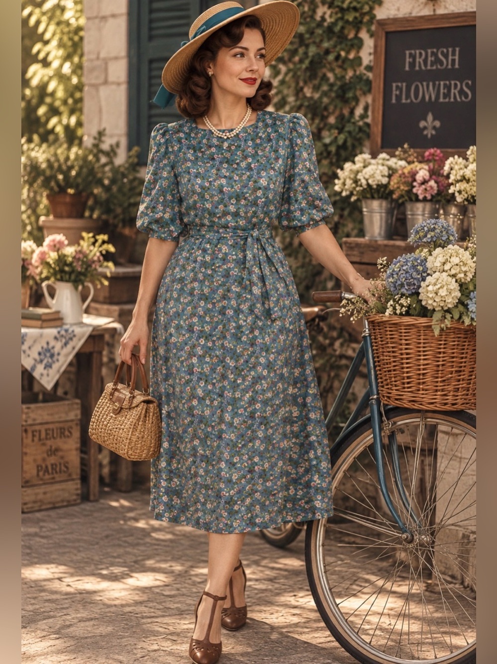 Vintage 80โs does 40โs floral dress- slightly sheer, lightweight- puffed sleeves